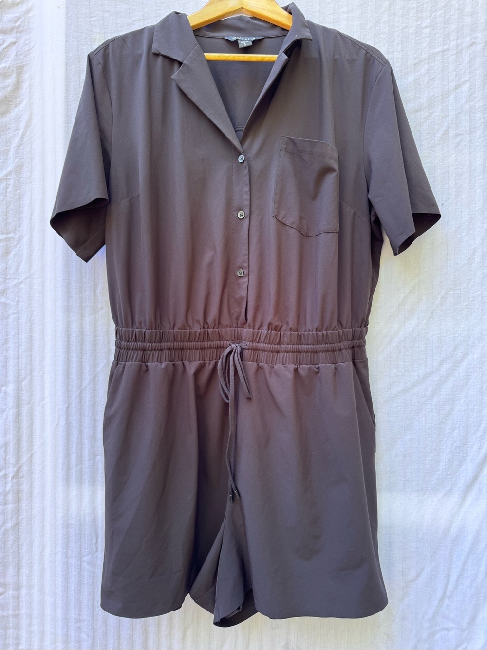 Athleta Avenue Utility Romper Large L Solid Black Button Front Stretch Travel
